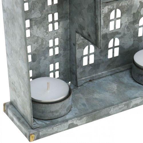 Floristik24 Fila de casas, decoração de metal para iluminação, decoração do Advento, lanterna prateada L52cm H20cm