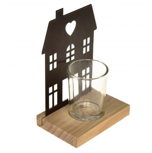Itens Casa de lanterna de metal preta com base de madeira Alt.15cm 2 unidades