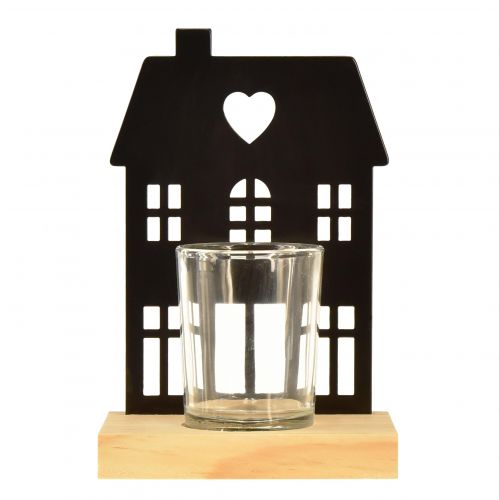Itens Casa de lanterna de metal preta com base de madeira Alt.15cm 2 unidades