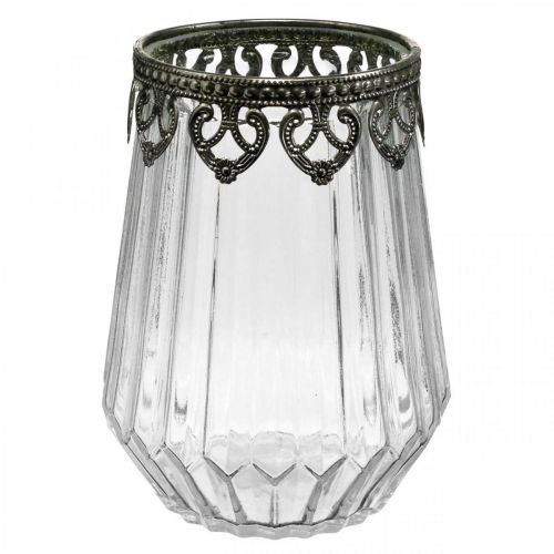 Lanterna vintage, vela vidro com decoração em metal Ø11,5cm Alt15cm