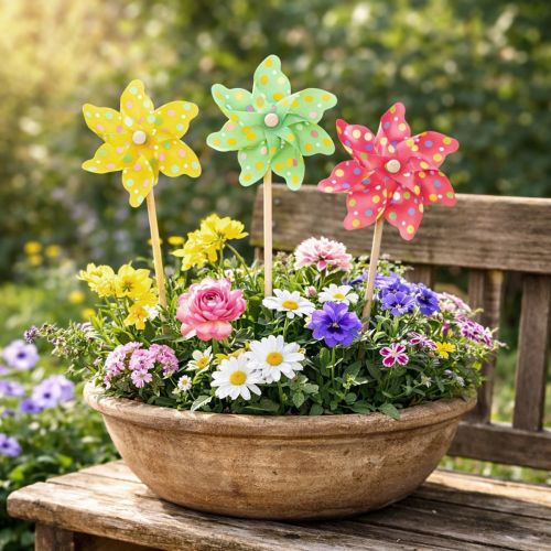 Itens Moinho de vento decorativo para jardim, ideal para canteiros de flores, 47 cm, conjunto com 3 peças.