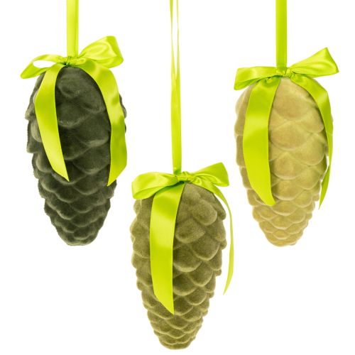 Pinhas decorativas para pendurar, pinhas flocadas com fita e laço, 18 cm, 3 peças comprar | Floristik24.pt