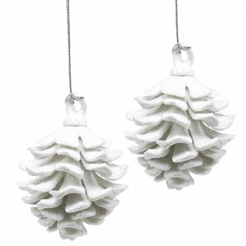 Floristik24 Cones de decoração para árvores de Natal purpurina branca 9 cm 6 unidades