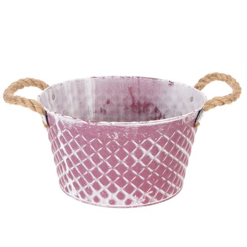 Tigela de zinco em formato de diamante com alças de corda, acabamento lavado em violeta/branco, Ø24,5cm A14cm comprar | Floristik24.pt
