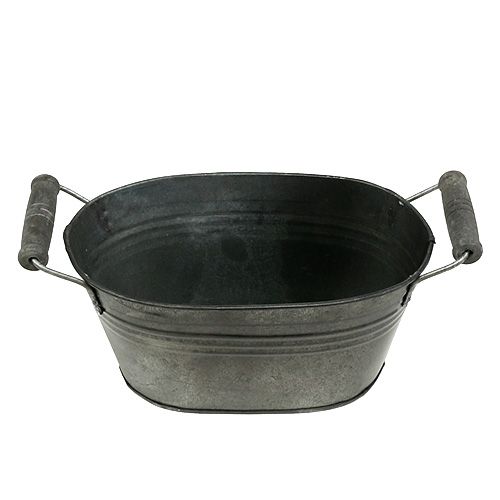 Floristik24 Tigela de zinco oval antigo com cabos de madeira 18cm x 10cm