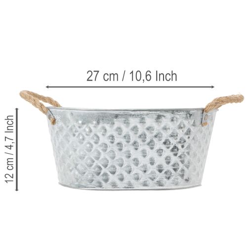 Tigela oval de zinco com alças de corda, 27 cm x 17,5 cm, 12 cm de altura. | Floristik24.pt