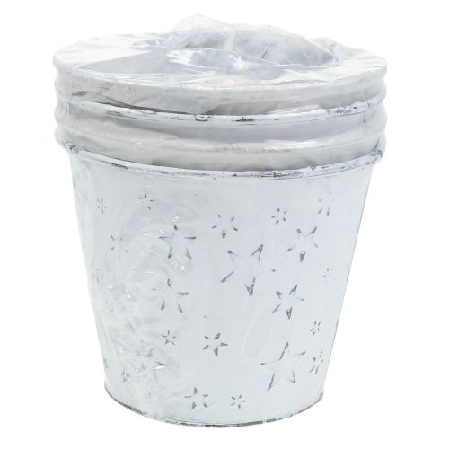 Floristik24 Pote de zinco com estrelas Ø14cm Alt.12cm lavado a branco 4 unidades