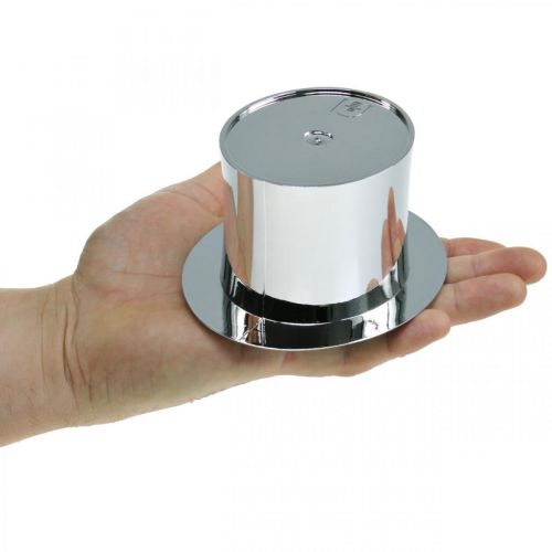 Floristik24 Cilindro para plantar, Ano Novo, chapéu decorativo, decoração de Réveillon em prata H6,5 cm C 12 cm 9 unidades