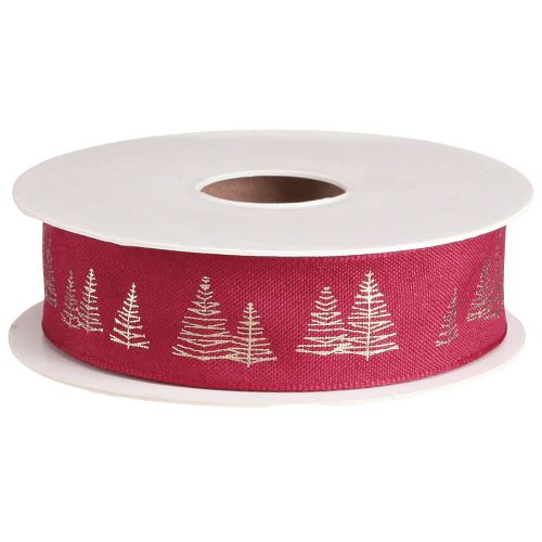 Floristik24 Fita decorativa de Natal em vermelho com motivos dourados de árvores de Natal, largura 25mm, comprimento 15m