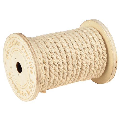 Floristik24 Cordão de algodão decorativo creme carretel de madeira Ø5mm com 7m cada 2 peças