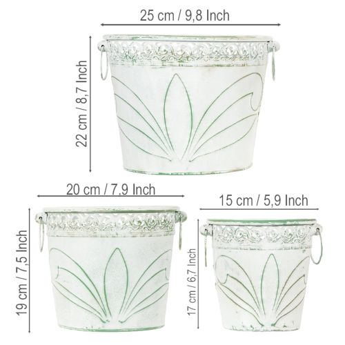 Itens Vaso de metal com relevo e alças, branco e verde, estilo shabby chic, A22/19,5/17,5cm, Ø25,5/20,5/15,5cm, conjunto de 3