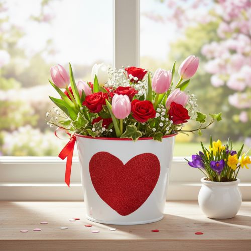 Vaso de flores branco com coração vermelho, floreira, Ø13cm A10,5cm | Floristik24.pt