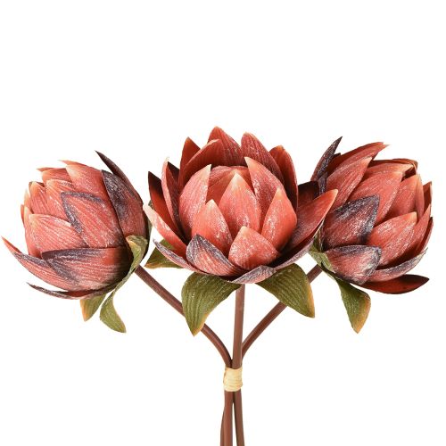 Flores artificiais decorativas Protea vermelho-laranja 34cm 3 unidades
