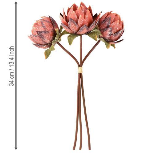 Itens Flores artificiais decorativas Protea vermelho-laranja 34cm 3 unidades