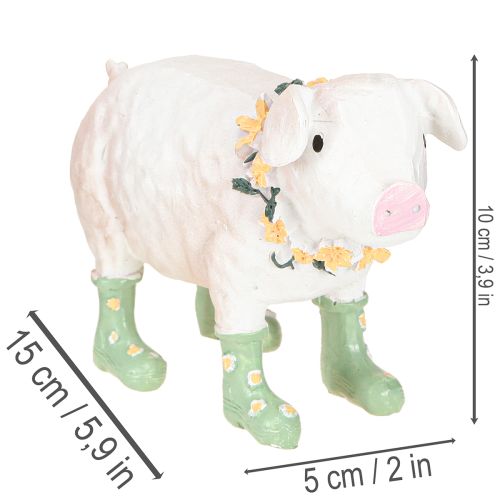 Porquinho decorativo com botas de borracha – Engraçado enfeite de fazenda com guirlanda de flores, 15,5 cm | Floristik24.pt
