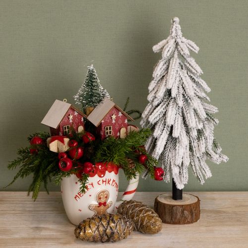 Floristik24 Árvore de Natal decorativa coberta de neve sobre base de madeira Ø15cm H30cm