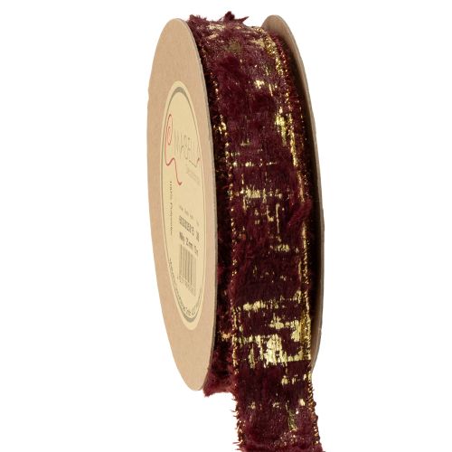 Floristik24 Fita decorativa com pelo, fita de pelo sintético, ouro Bordeaux, 25mm, 15m