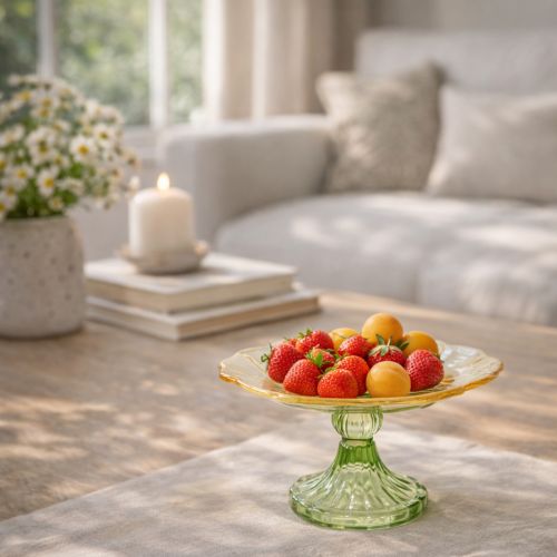 Itens Prato decorativo de vidro com pé, com desenho floral, ideal para apresentações festivas, 15 cm