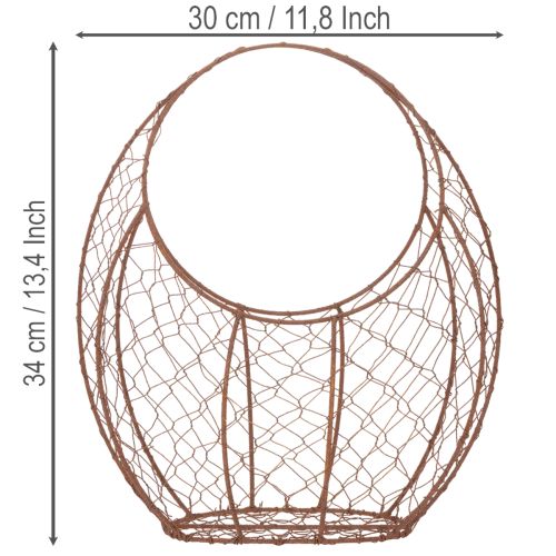 Cesto de arame, floreira de metal, decoração de primavera, cesto de Páscoa, marrom, acabamento enferrujado, 34 cm de altura x 30 cm de largura. | Floristik24.pt