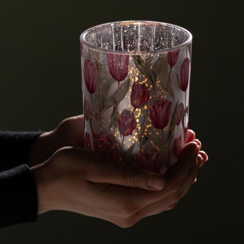 Itens Lanterna elegante com motivo de tulipa para decoração primaveril aconchegante, 12,5 cm, 2 peças.
