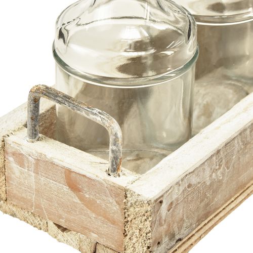 Itens Garrafa de vidro decorativa com bandeja de madeira vintage 24x9,5x14cm