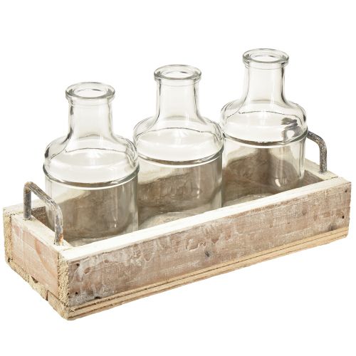 Itens Garrafa de vidro decorativa com bandeja de madeira vintage 24x9,5x14cm