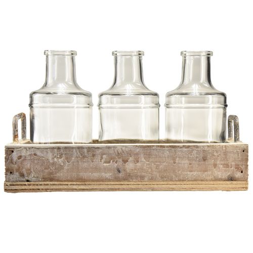Itens Garrafa de vidro decorativa com bandeja de madeira vintage 24x9,5x14cm