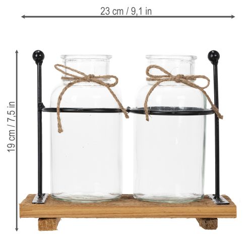 Vaso decorativo em forma de garrafa, vidro e madeira, 23x12x19,5cm, conjunto com 2 peças. | Floristik24.pt
