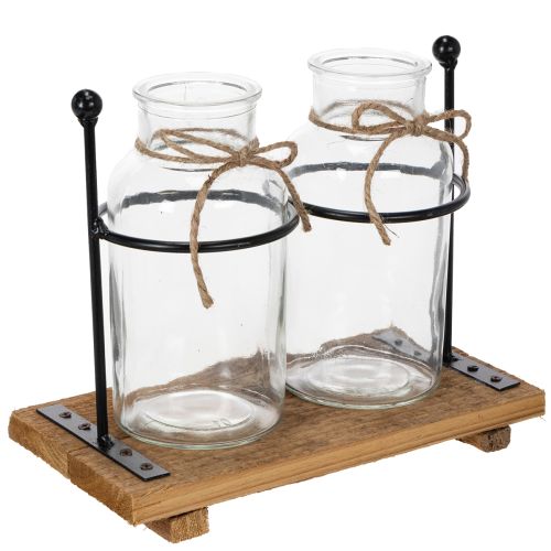 Vaso decorativo em forma de garrafa, vidro e madeira, 23x12x19,5cm, conjunto com 2 peças. comprar | Floristik24.pt