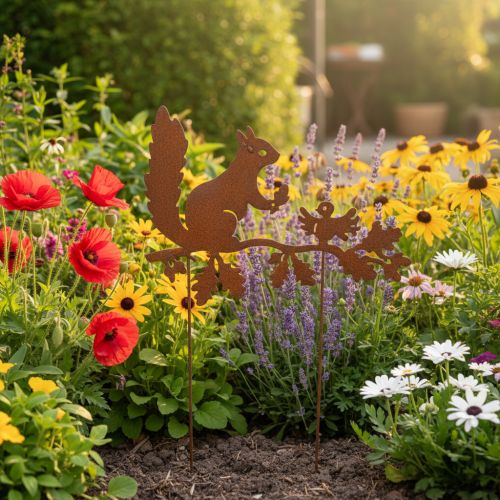 Esquilo decorativo de jardim em galho, metal com acabamento envelhecido, 42 cm de altura, conjunto de 3 peças. | Floristik24.pt