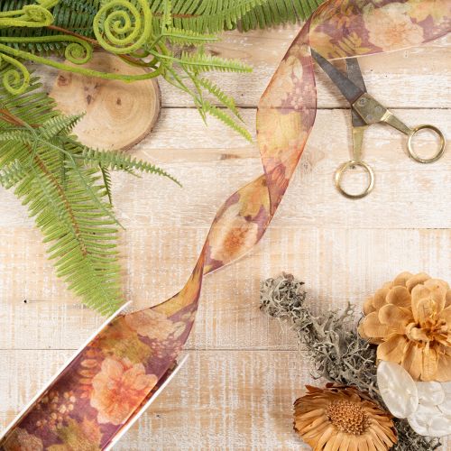 Fita para presentes em cores outonais, fita de organza com estampa floral, 40 mm, 15 m | Floristik24.pt
