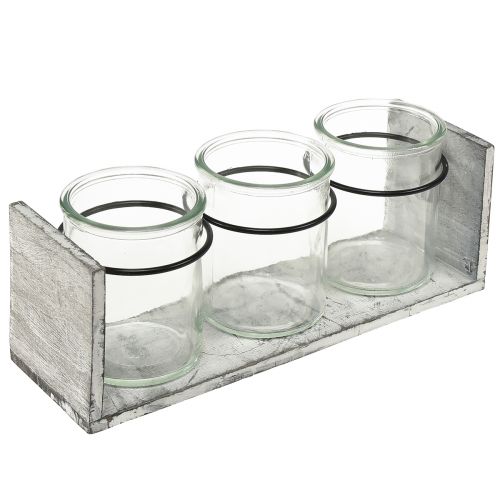 Itens Recipiente de vidro rústico colocado em suporte de madeira cinza e branco - 27,5x9x11 cm - Solução versátil de armazenamento e decoração
