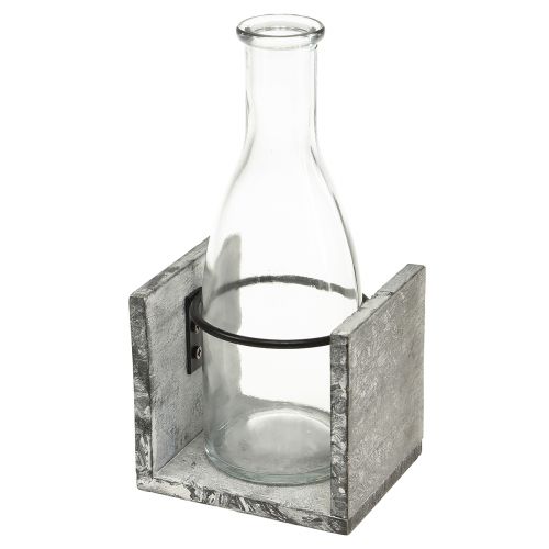 Itens Vaso de vidro com suporte de madeira cinza, 9,5x8x20cm - Decoração rústica com 4 garrafas