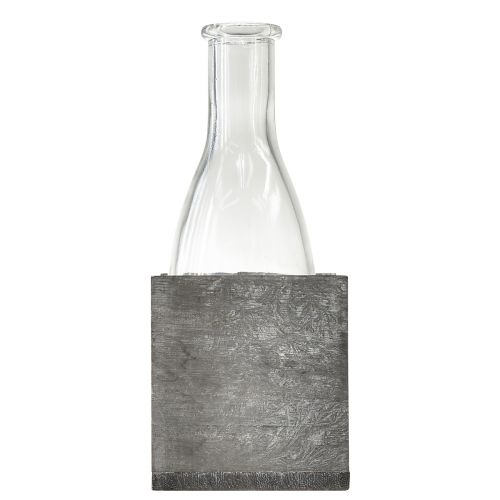 Itens Vaso de vidro com suporte de madeira cinza, 9,5x8x20cm - Decoração rústica com 4 garrafas