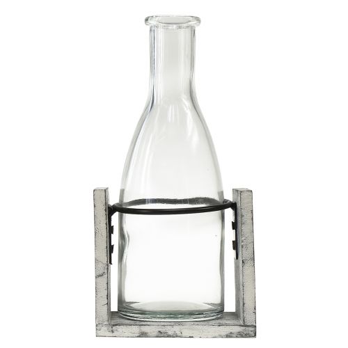 Itens Vaso de vidro com suporte de madeira cinza, 9,5x8x20cm - Decoração rústica com 4 garrafas