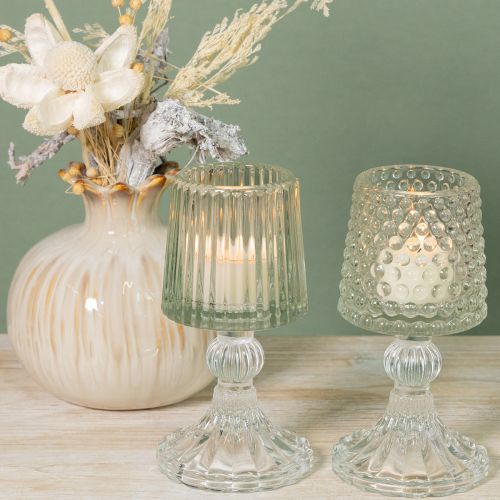 Itens Porta-velas de vidro com base de pontos e ranhuras H15cm 2 unidades