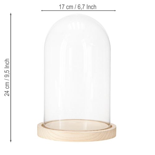 Itens Sino de vidro em bandeja de madeira, frasco de vidro, transparente, natural, Ø17cm, A24cm