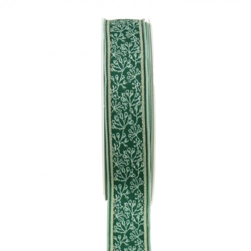 Floristik24 Fita para presente com jacquard de baga com borda de arame verde escuro, hortelã 25mm C15m