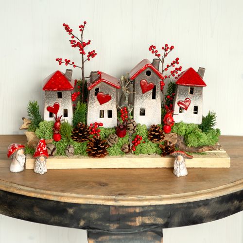 Floristik24 Casas românticas de cerâmica com motivo de coração – tons vermelhos e naturais, 11cm – decoração de inverno cuidadosamente desenhada – 3 peças
