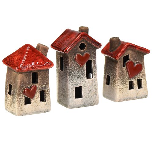 Floristik24 Casas românticas de cerâmica com motivo de coração – tons vermelhos e naturais, 11cm – decoração de inverno cuidadosamente desenhada – 3 peças