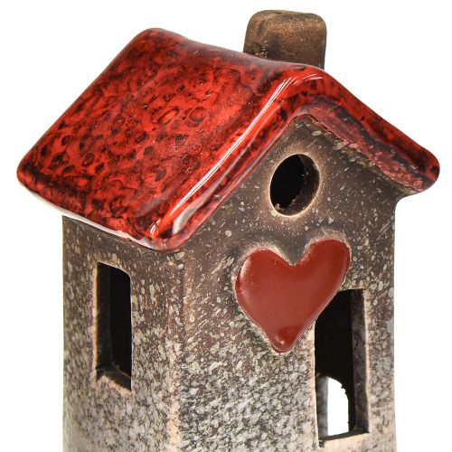Floristik24 Casas românticas de cerâmica com motivo de coração – tons vermelhos e naturais, 11cm – decoração de inverno cuidadosamente desenhada – 3 peças