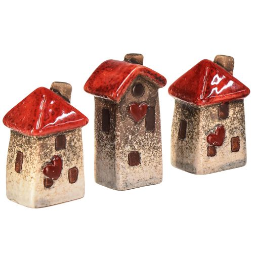 Floristik24 Casa de cerâmica com janela de telhado vermelha e coração - 6 cm - Decoração idílica para casa e jardim - 6 peças