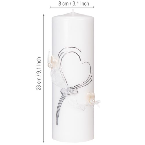 Itens Vela festiva para casamento com um elegante design de coração, detalhes prateados e fita de organza – ideal para casamentos e bodas de prata, 230/80mm