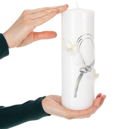 Itens Vela festiva para casamento com um elegante design de coração, detalhes prateados e fita de organza – ideal para casamentos e bodas de prata, 230/80mm