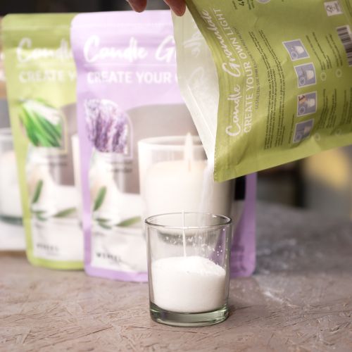 Itens Grânulos de cera branca para velas com pavio 400g
