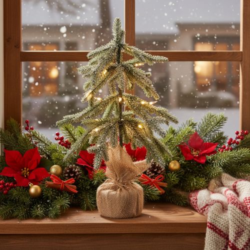 Planta artificial com neve, árvore de Natal LED em saco de juta, funciona a pilhas, para uso interior, 50 cm | Floristik24.pt