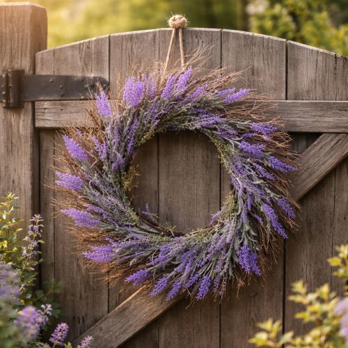 Itens Guirlanda artificial de lavanda para a primavera, decoração de porta, guirlanda decorativa para entrada, 60 cm