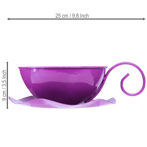 Xícara decorativa de metal Ø16cm H9cm com pires, roxa, 2 peças | Floristik24.pt