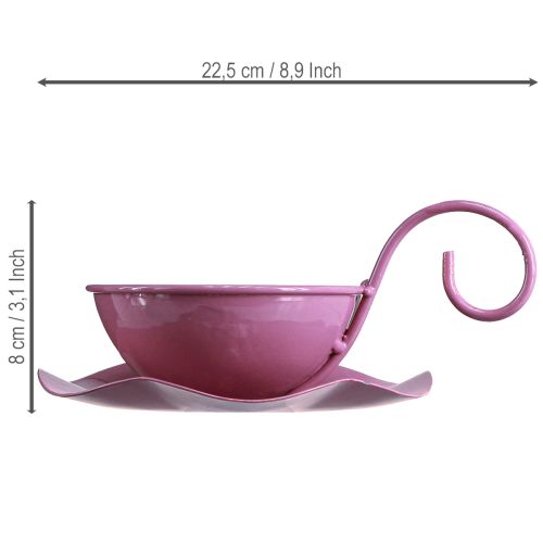 Itens Xícara decorativa de metal com pires, rosa, 8 cm de altura x 11,5 cm de diâmetro, conjunto com 2 peças.