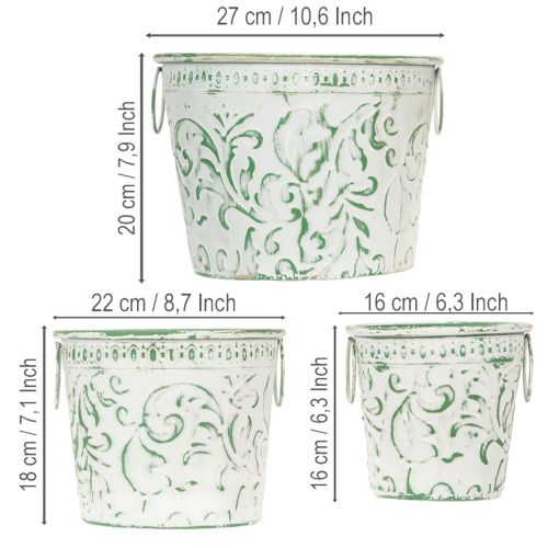 Vasos de metal com alças, floreiras com relevo, branco, verde, estilo shabby chic, A20,5/18,5/16cm, Ø25,5/20,5/15,5cm, conjunto de 3 | Floristik24.pt